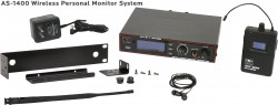 AS-1400 Wireless In-Ear Monitor with Standard EB4 Ear Buds: 275 selectable channels, includes 1 AS-1400T, 1 AS-1400R, EB4 ear buds, single/dual rack kit, antenna, and power supply.