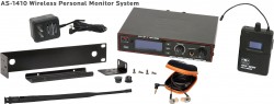 AS-1410 Wireless In-Ear Monitor with EB10 Ear Bud Upgrade: 275 selectable channels, includes 1 AS-1400T, 1 AS-1400R, EB10 ear buds, single/dual rack kit, antenna, and power supply.