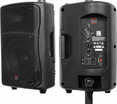 Galaxy Audio GPS-8 Compact PA Speaker front angle and back stand mounted shown