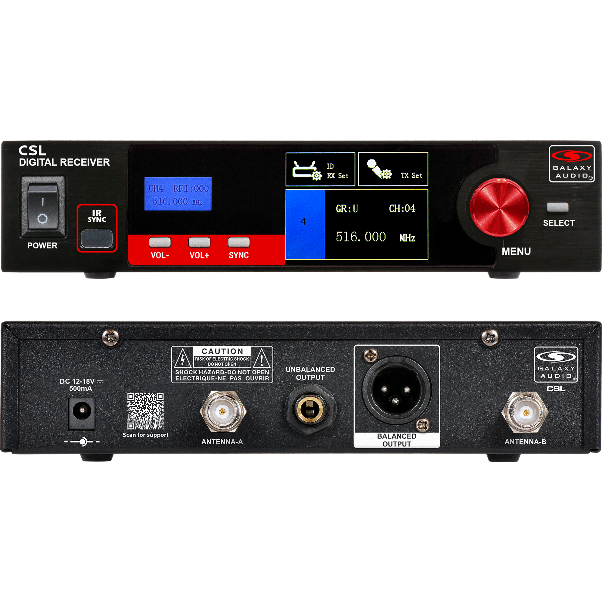 CSLR Single Channel Digital UHF True Diversity Wireless Microphone Receiver Front and Back