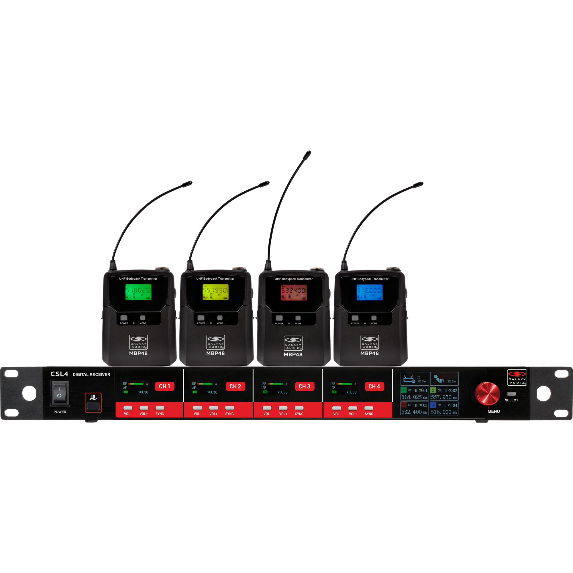 CSL4-BBBB Four-Channel Digital UHF True Diversity Wireless Microphone System. Includes CSL4R QUAD Receiver w/ four independent receivers in a single 1U rackmount chassis & (4) MBP48 Body Packs