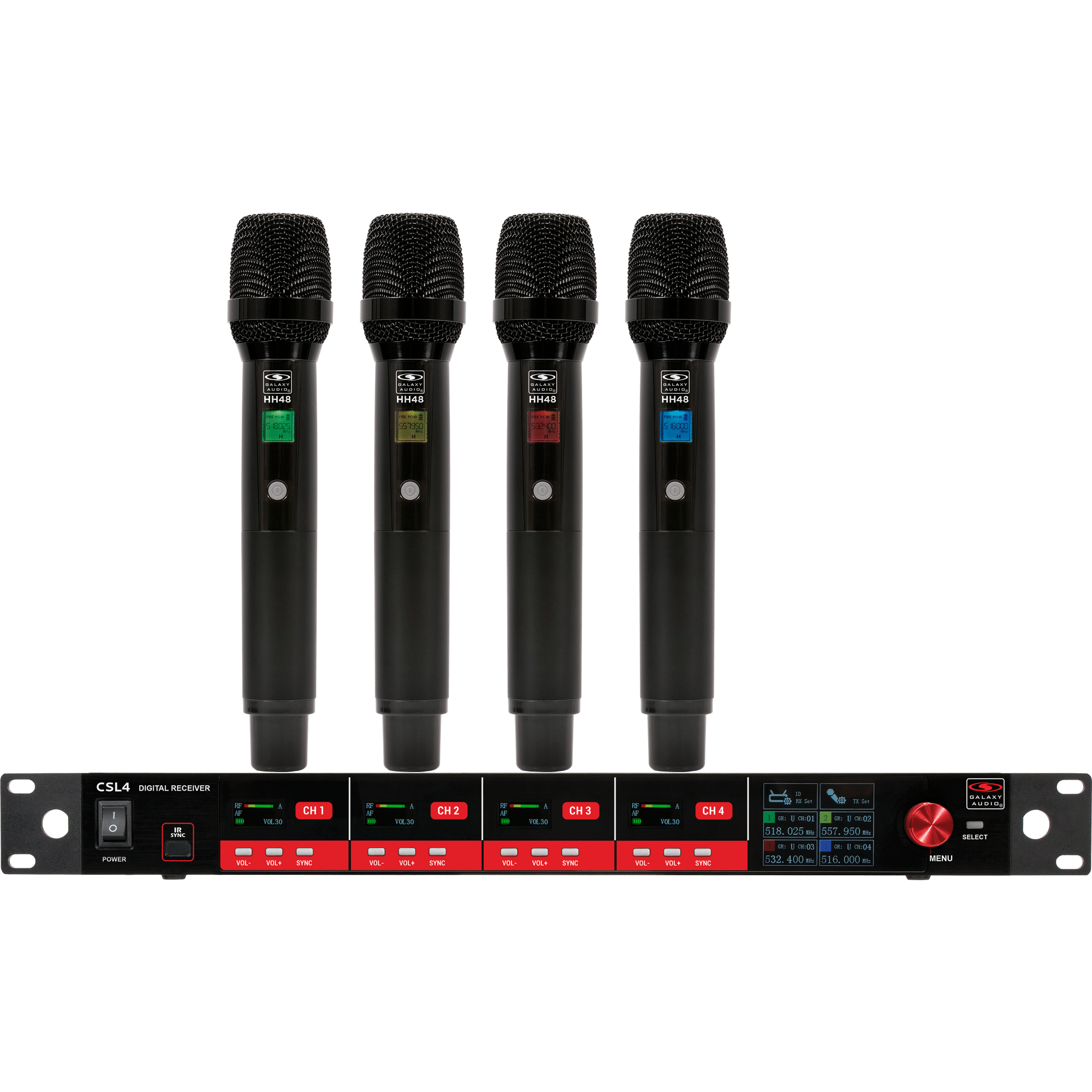 CSL4-HHHH Four-Channel Digital UHF True Diversity Wireless Microphone System. Includes CSL4R QUAD Receiver w/ four independent receivers in a single 1U rackmount chassis & (4) HH48 Handheld Mics