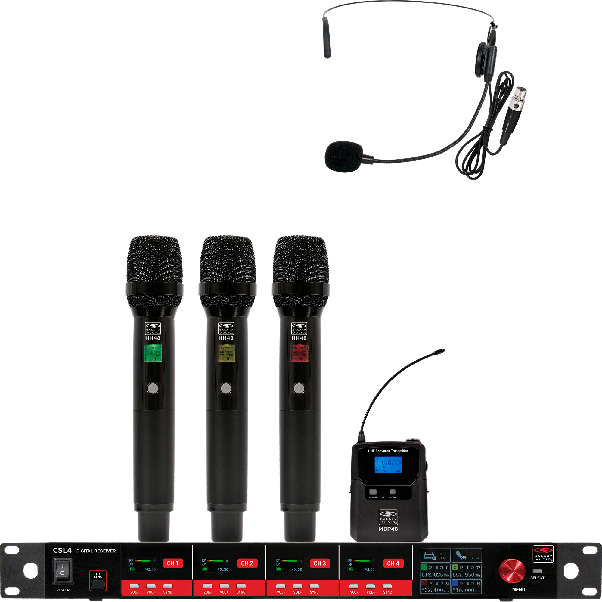 CSL4-HHHS Four-Channel Digital UHF True Diversity Wireless Microphone System.Includes CSL4R QUAD Receiver w/ four independent receivers in a single 1U rackmount chassis, (3) HH48 Handheld Mics & (1) MBP48 Body Pack Transmitters w/ Headset Mic.