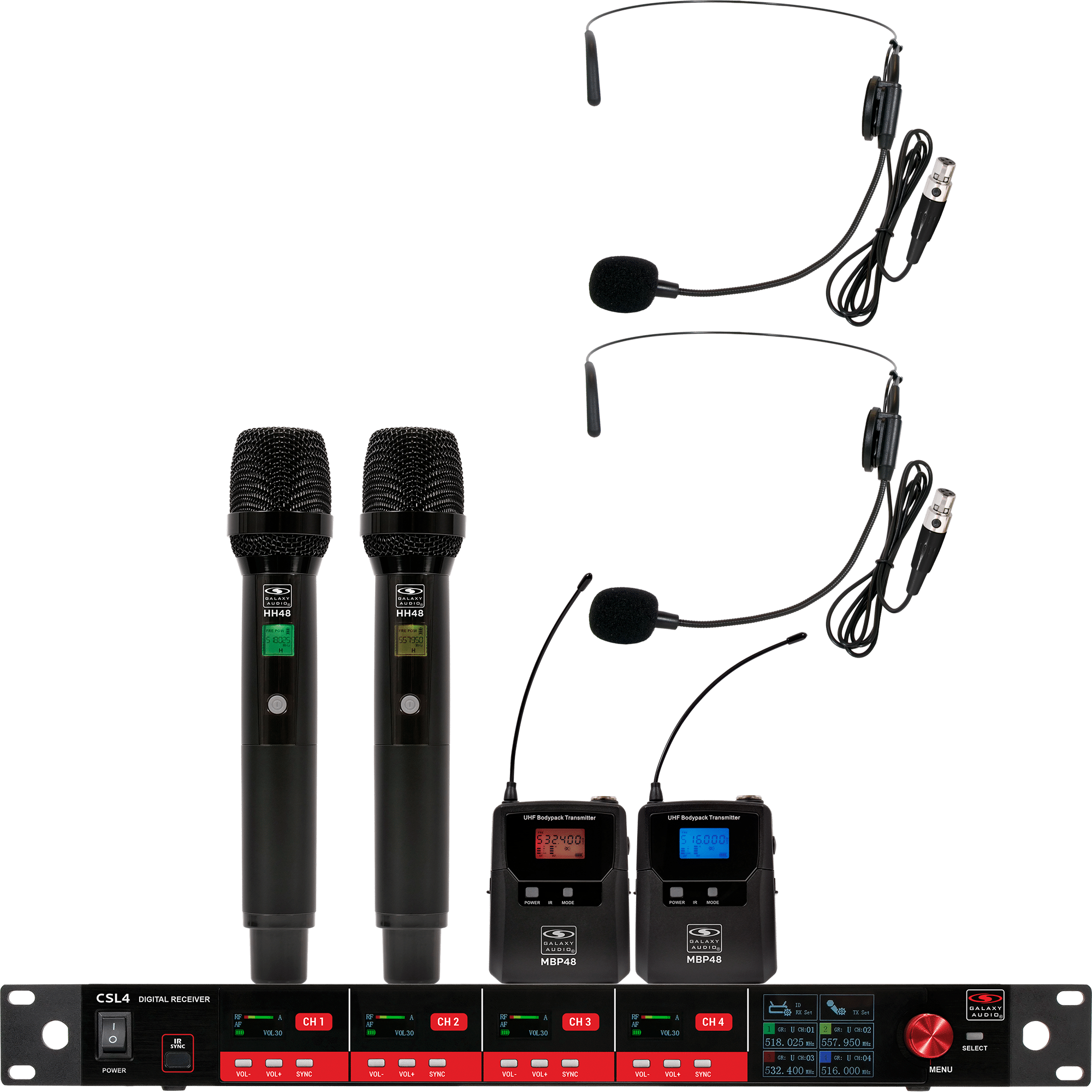 CSL4-HHSS Four-Channel Digital UHF True Diversity Wireless Microphone System. Includes CSL4R QUAD Receiver w/ four independent receivers in a single 1U rackmount chassis, (2) HH48 Handheld Mics & (2) MBP48 Body Pack Transmitters w/ Headset Mics.