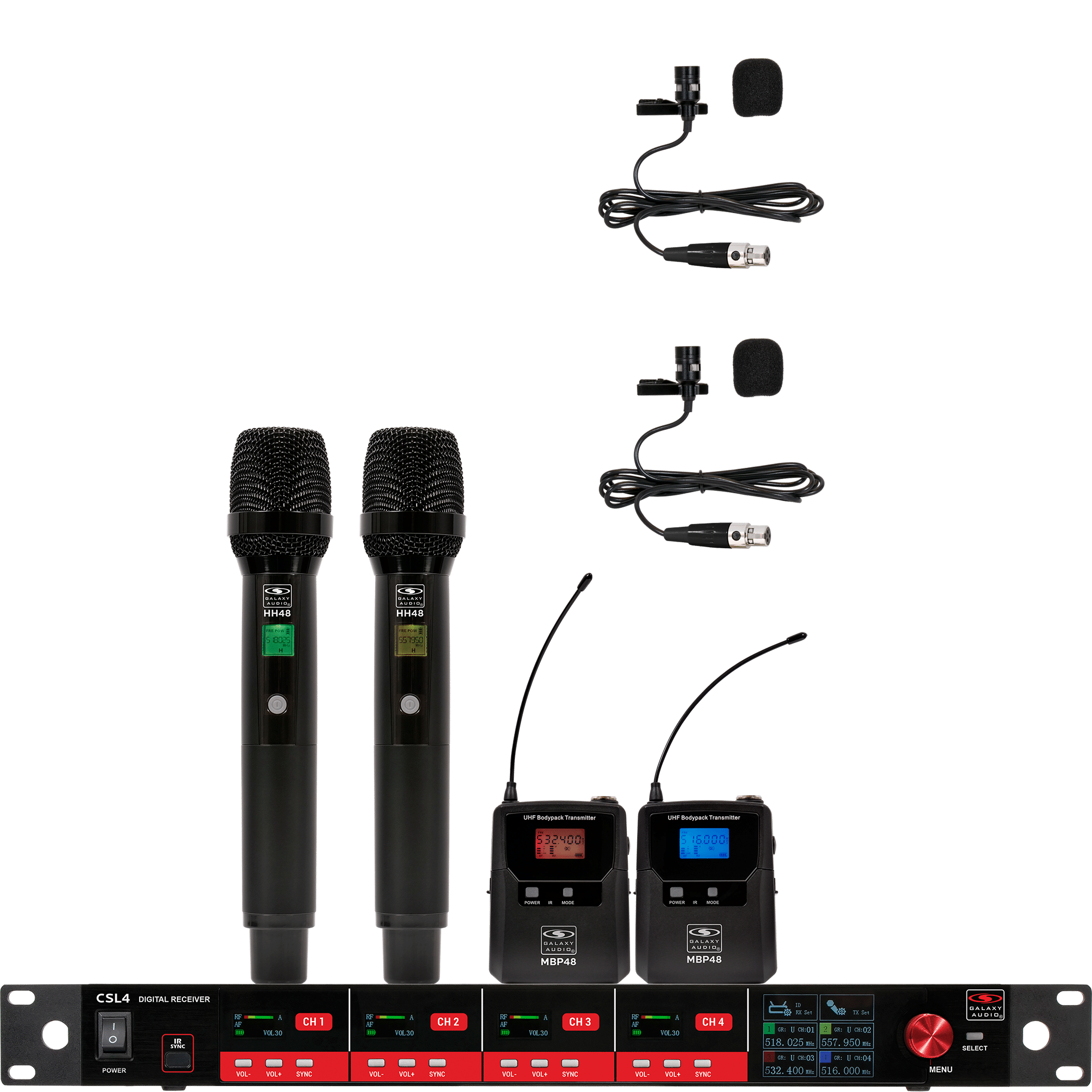 CSL4-HHVV Four-Channel Digital UHF True Diversity Wireless Microphone System. Includes CSL4R QUAD Receiver w/ four independent receivers in a single 1U rackmount chassis, (2) HH48 Handheld Mics & (2) MBP48 Body Pack Transmitters w/ Lavaliers.