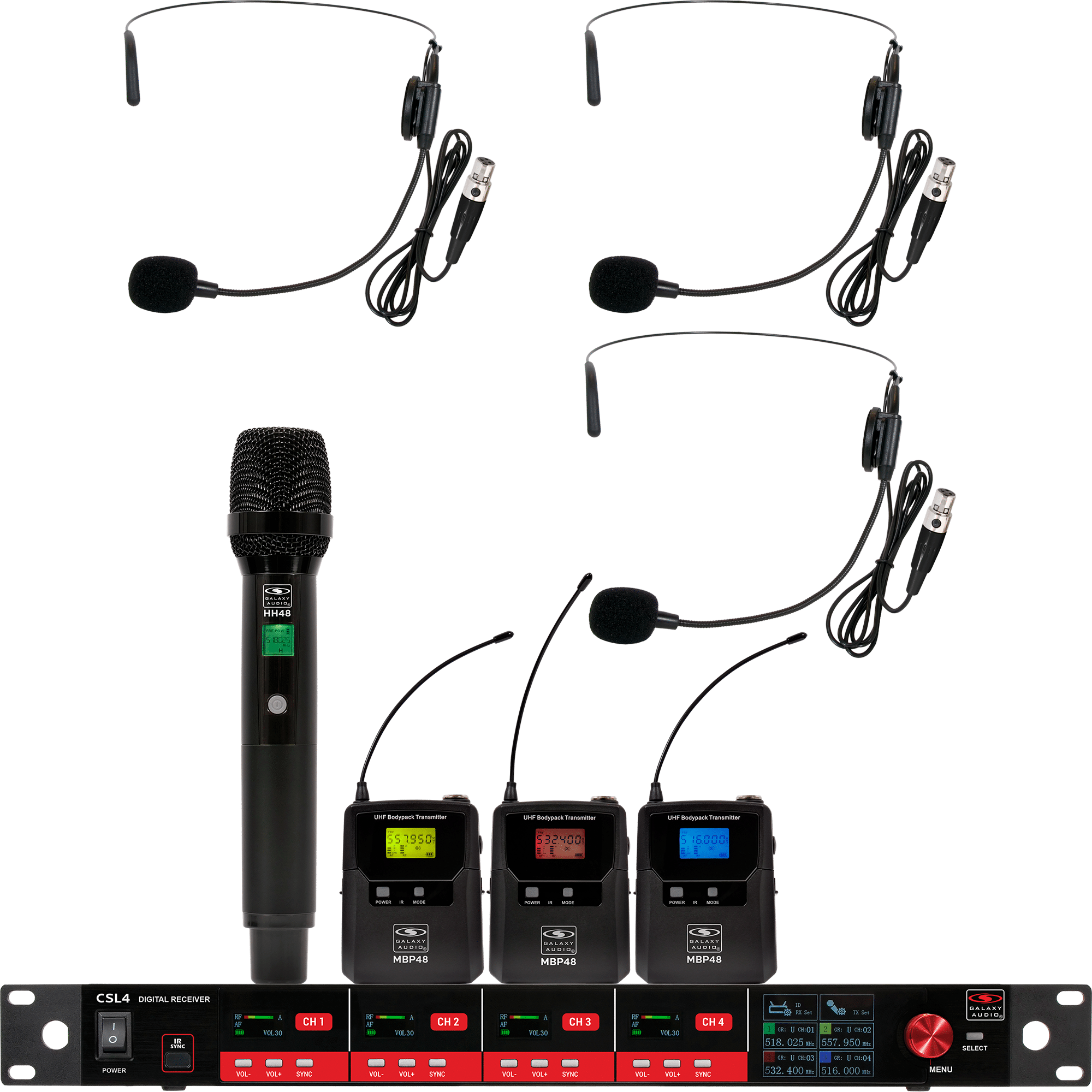 CSL4-HSSS Four-Channel Digital UHF True Diversity Wireless Microphone System. Includes CSL4R QUAD Receiver w/ four independent receivers in a single 1U rackmount chassis, (1) HH48 Handheld Mic & (3) MBP48 Body Pack Transmitters w/ headset Mics.