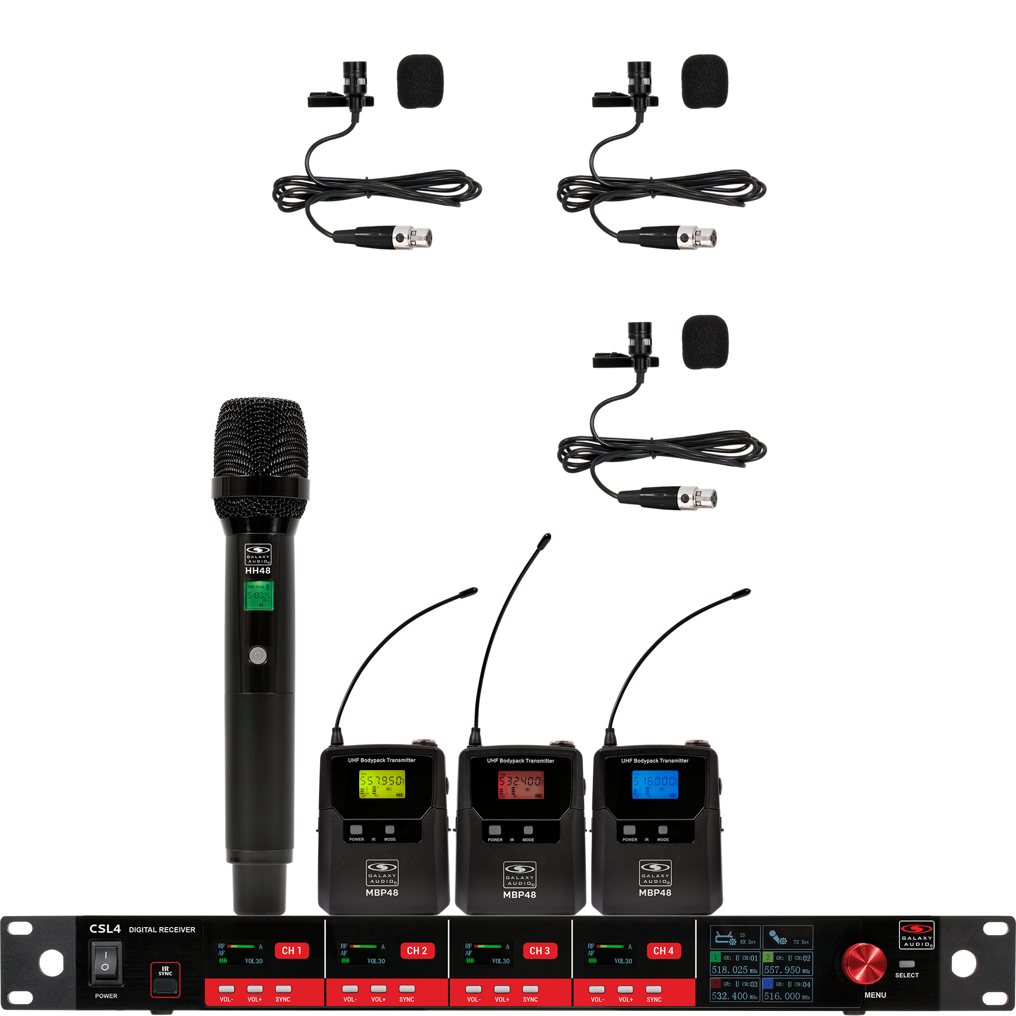 CSL4-HVVV Four-Channel Digital UHF True Diversity Wireless Microphone System. Includes CSL4R QUAD Receiver w/ four independent receivers in a single 1U rackmount chassis, (1) HH48 Handheld Mic & (3) MBP48 Body Pack Transmitters w/ Lavaliers.