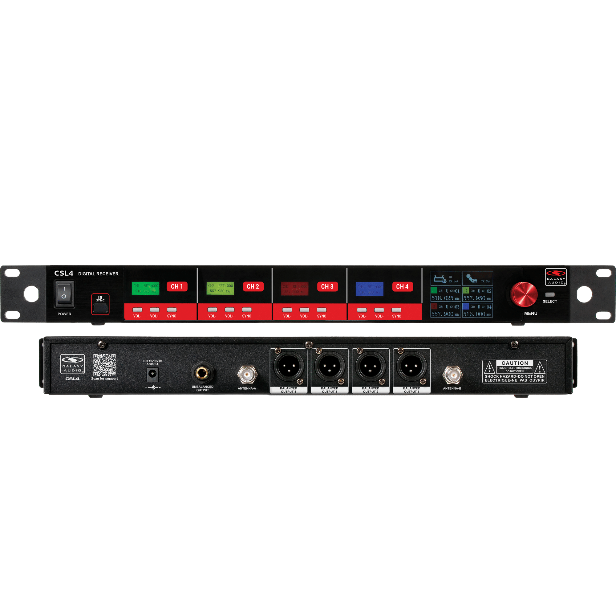 CSL4R Four-Channel Digital UHF True Diversity Wireless Microphone Receiver front and Back