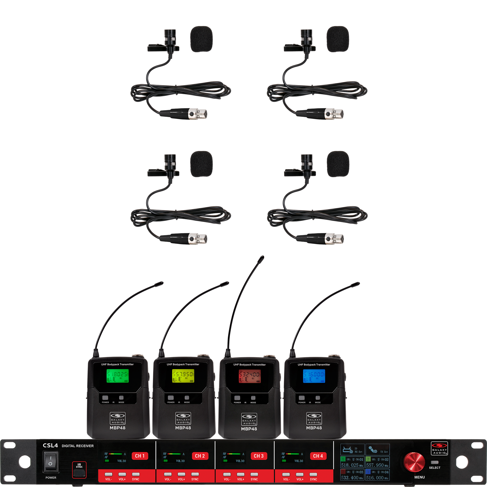 CSL4-VVVV Four-Channel Digital UHF True Diversity Wireless Microphone System. Includes CSL4R QUAD Receiver w/ four independent receivers in a single 1U rackmount chassis & (4) MBP48 Body Pack Transmitters w/ Lavaliers.